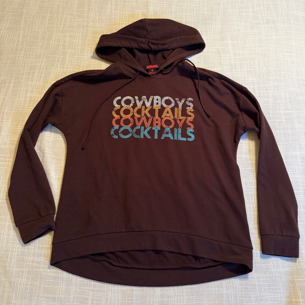 Rock and Roll Denim Womens Cowboys Cocktails Graphic Hoodie Burgundy Small